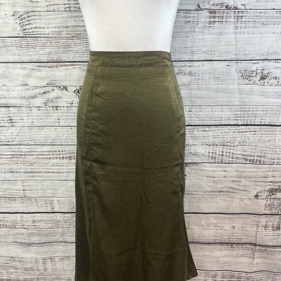 Mystree Skirt size Large Olive Green Satin Midi A Line Modest Church Casual Slim - Picture 2 of 11
